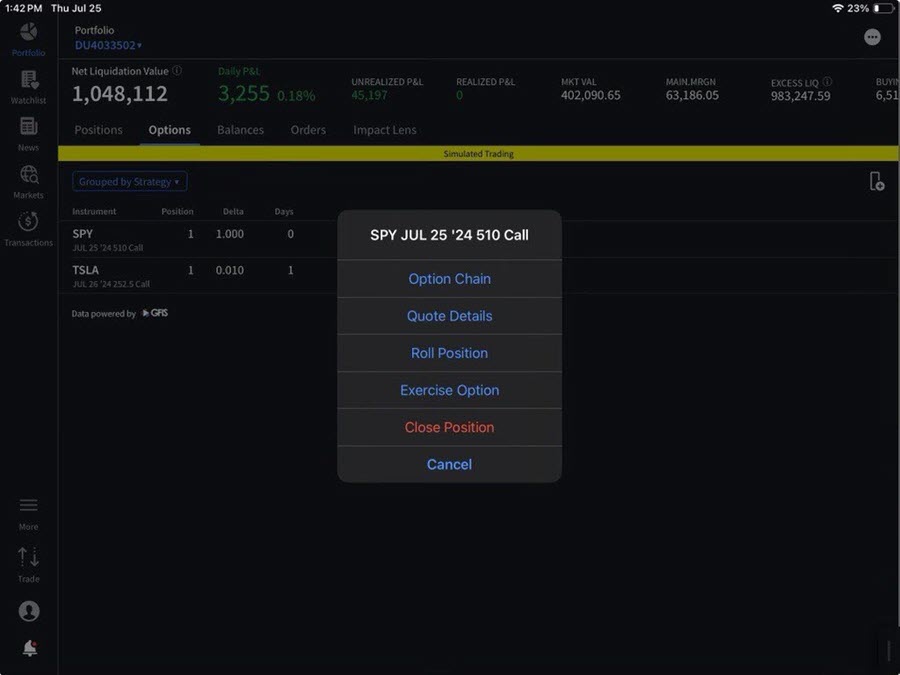 selecting option actions on the iPad